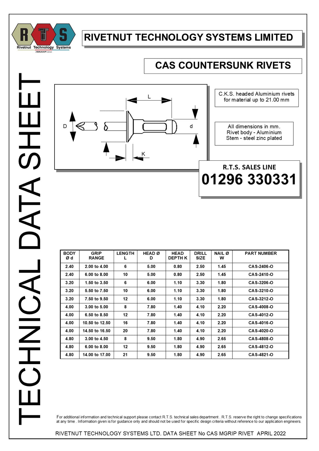 Cs Ad Rivets Countersunk Aluminium Rivets (CAS) | Rivetnut Technology Systems