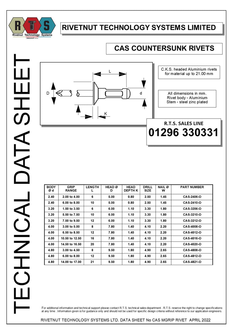  - CAS Countersunk Aluminium Rivet - Rivetnut Technology Systems