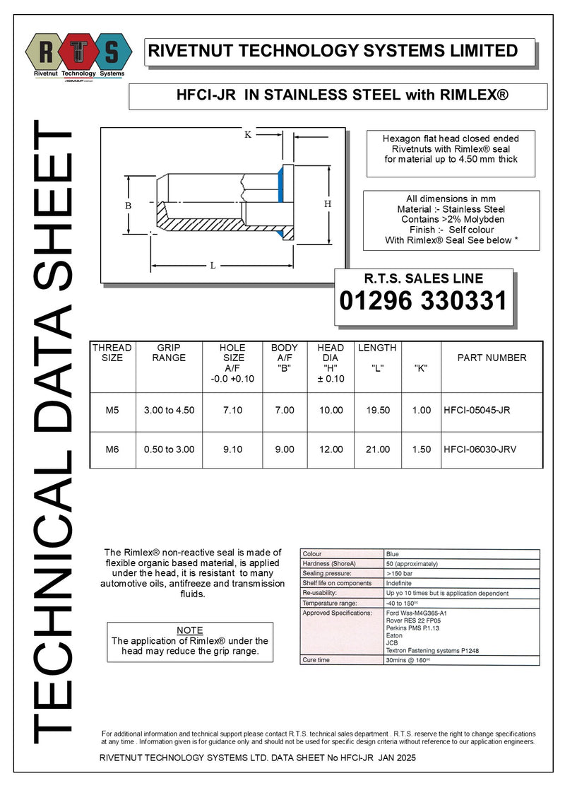 HFCI-JR Stainless Steel Closed End Flat Head Hexagon Rimlex® Seal Rivetnut