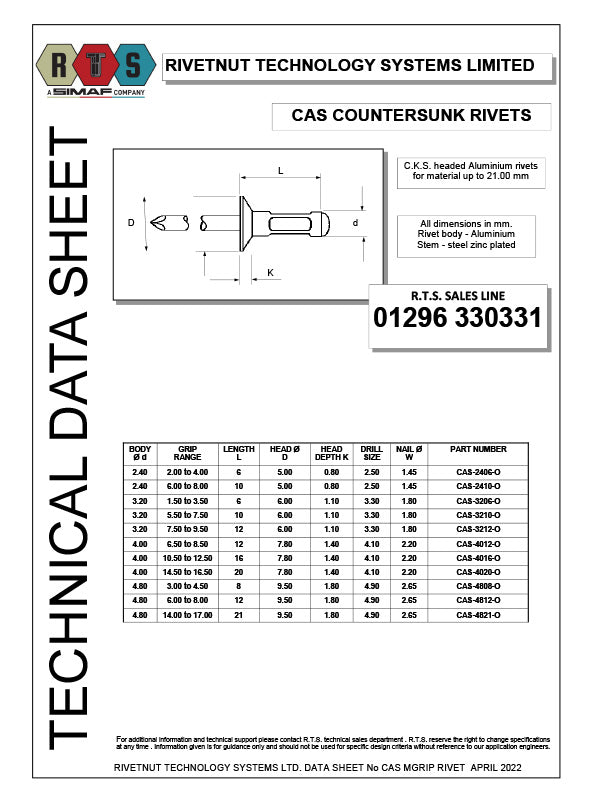 CAS Countersunk Aluminium Rivet